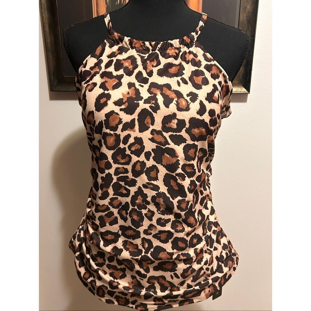 Tempt Me Leopard Print Tankini Swim Top ONLY Size L High Neck Ruched Tummy Contr - Picture 8 of 10